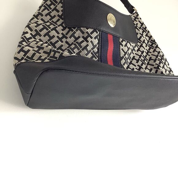 Tommy Hilfiger Monogram Canvas Shoulder Bag Hobo Handbag Purse Black Tan Logo - Picture 5 of 12